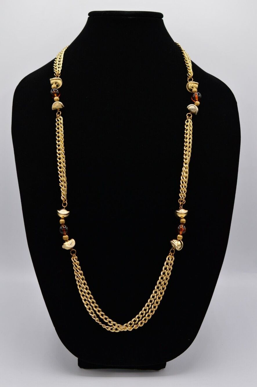 Dauplaise Vintage Necklace Multi-Chain Gold Lucite Amber Beaded Signed 80s BinR